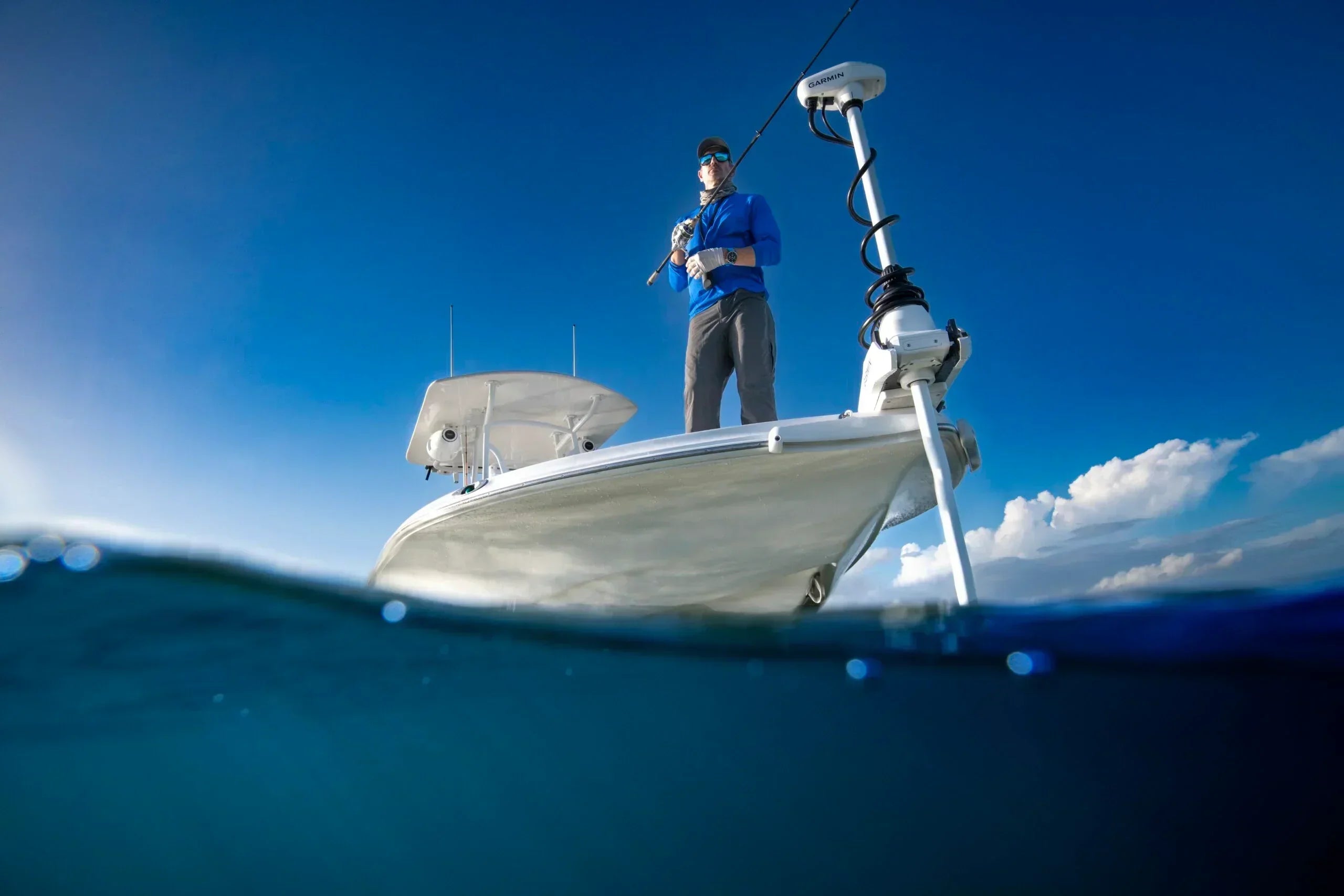 Boat with Garmin Force Kraken trolling motor on it.