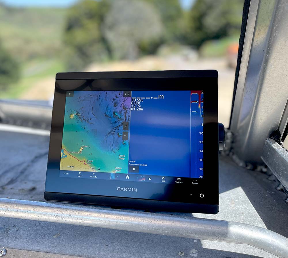 Garmin fishfinder, chartplotter installed in Turanga on boat.