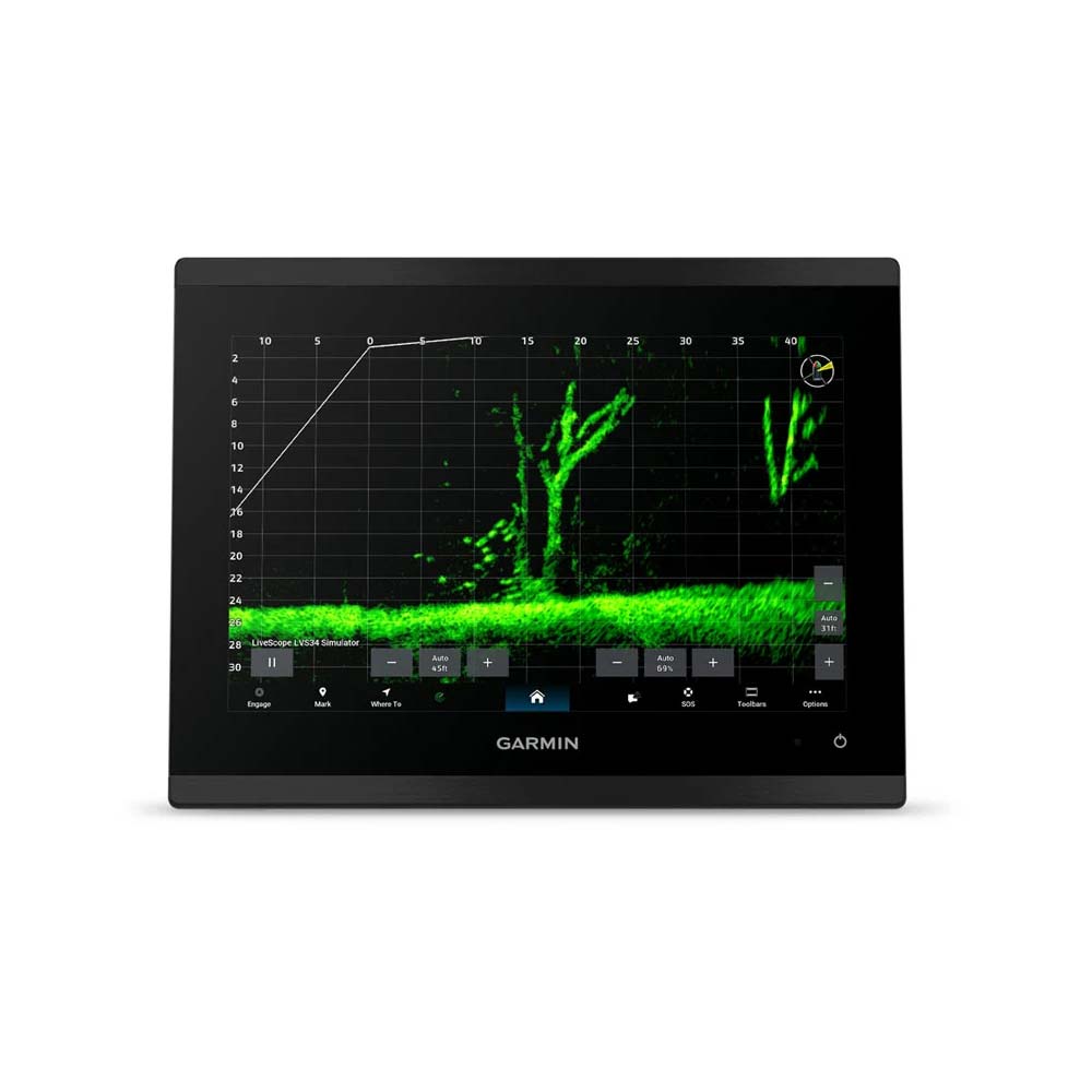 Garmin marine display with sonar graphics on a white background