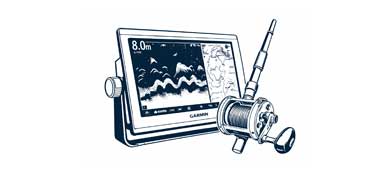 Fishing sonar device with screen and antenna on a white background