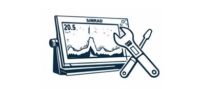 Simrad device with a wrench and screwdriver on a white background
